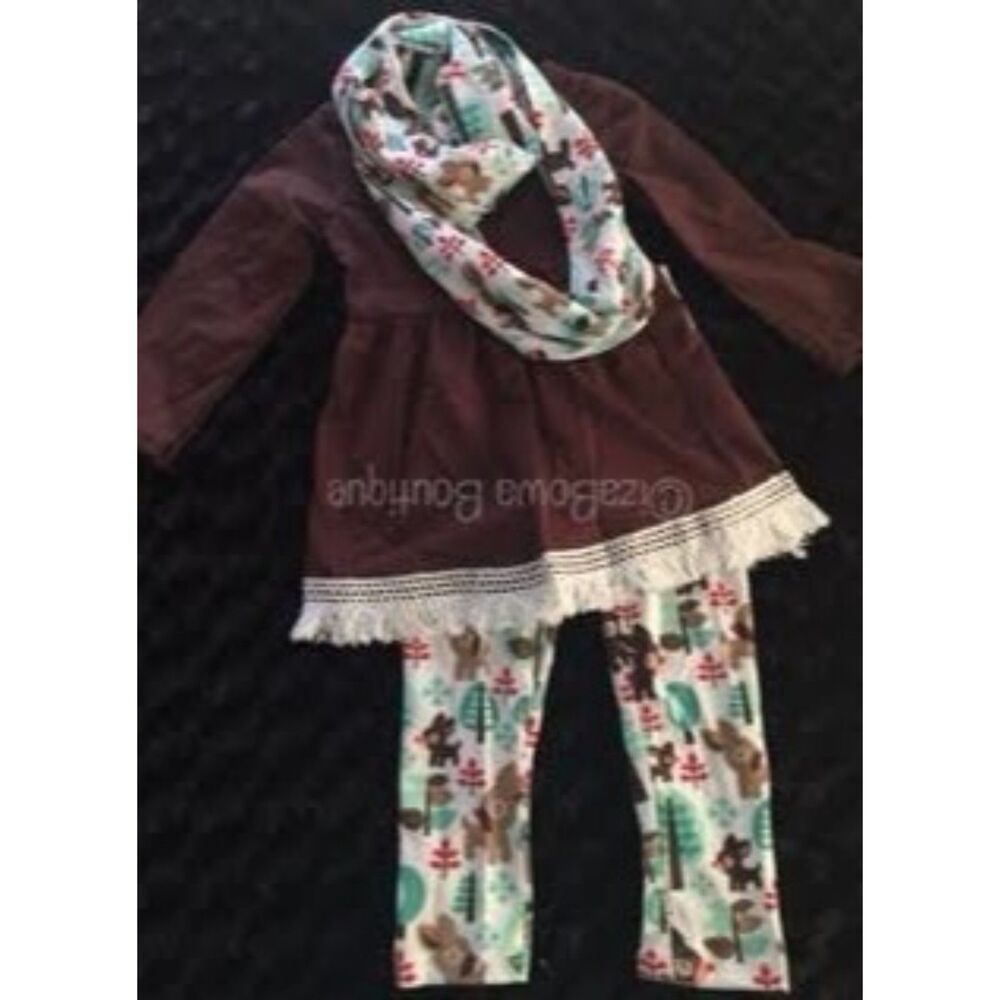 Brown Woodlawn Friends Pant & Scarf 3 pc Set  1229XS  XS 2T  NWT Boutique